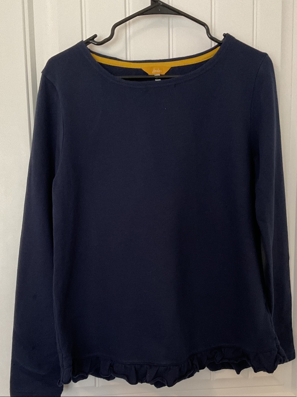 Joules Navy Long Sleeve Ruffle Hem Top with Yellow Trim
